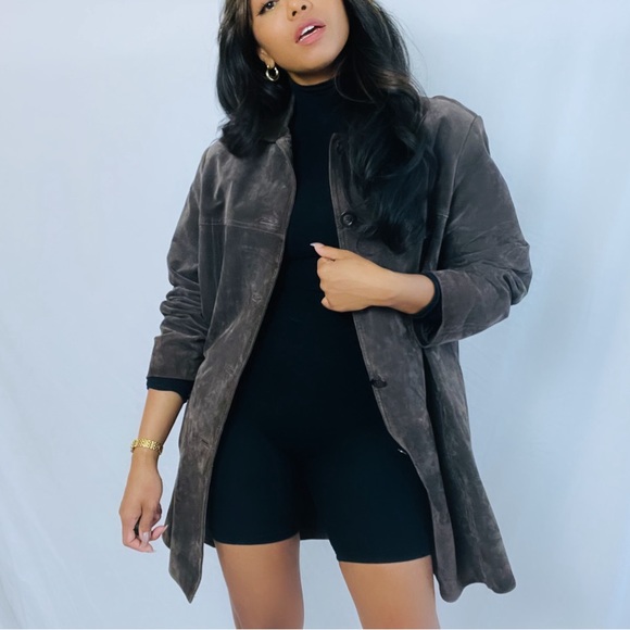 Vintage | Brown 100% Suede Leather Oversized 90s Coat with Button closure - Picture 7 of 7